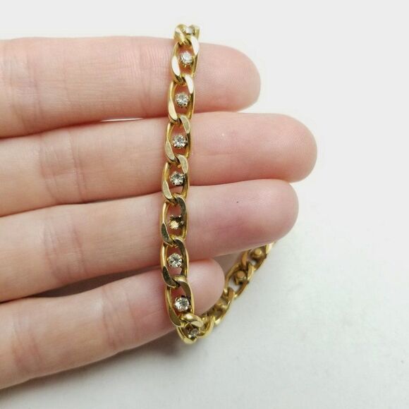 Vintage Gold Tone Chain Bracelet with Rhinestones, Stacking Classic Estate - Picture 2 of 6